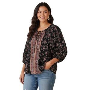 Mason and Belle Boho Women’s 3/4 Sleeve Peasant Top V Neck Beaded Ties Sz 3X